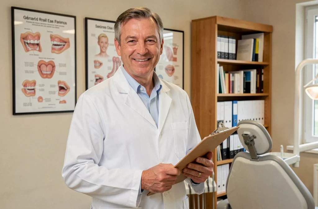 Dentiste Barret Gérard en blouse blanche dans son cabinet dentaire de Creil