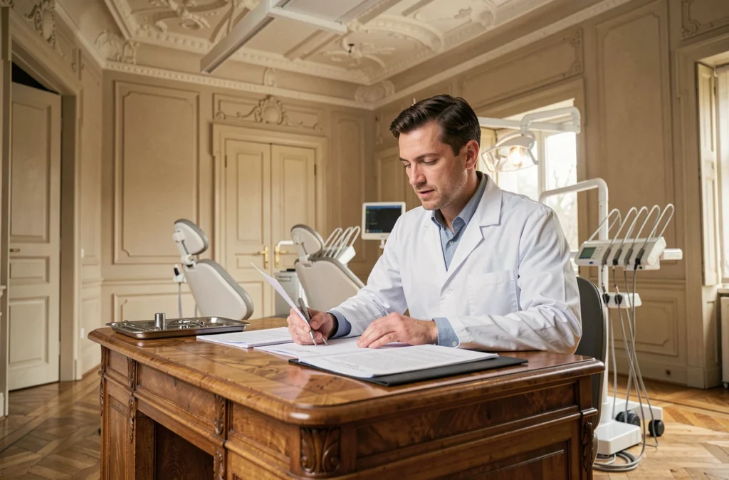 Cabinet dentaire du Manoir à Compiègne avec un dentiste en blouse blanche dans un bureau élégant