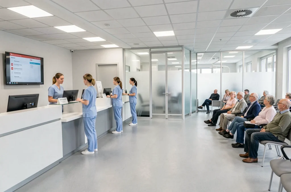 Centre commercial dentaire de Creil avec son accueil moderne et son équipe en tenue bleue