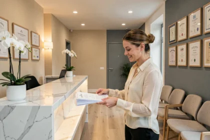 Réception élégante d'une clinique de chirurgie esthétique en Meurthe-et-Moselle avec décor moderne et professionnel