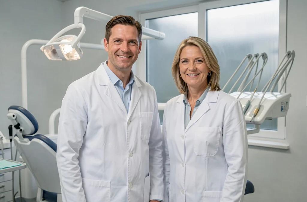 Dr Bouquet Frédéric et Dr Clément Sézille en blouse blanche dans leur cabinet dentaire de Compiègne