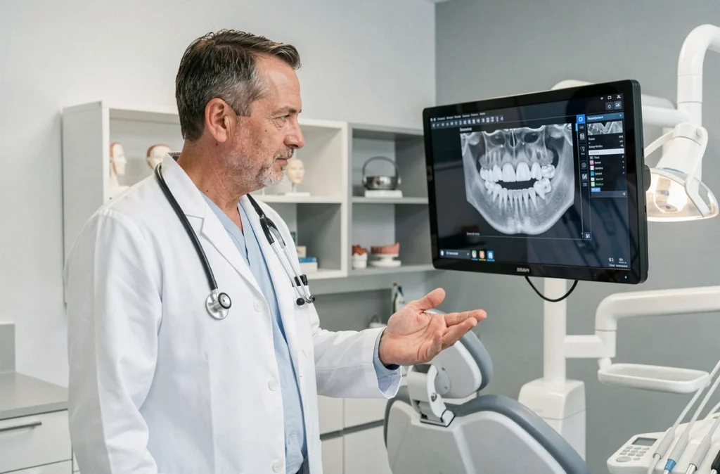 Dr Christophe Vasseur examinant un scan dentaire 3D dans son cabinet de Crépy-en-Valois