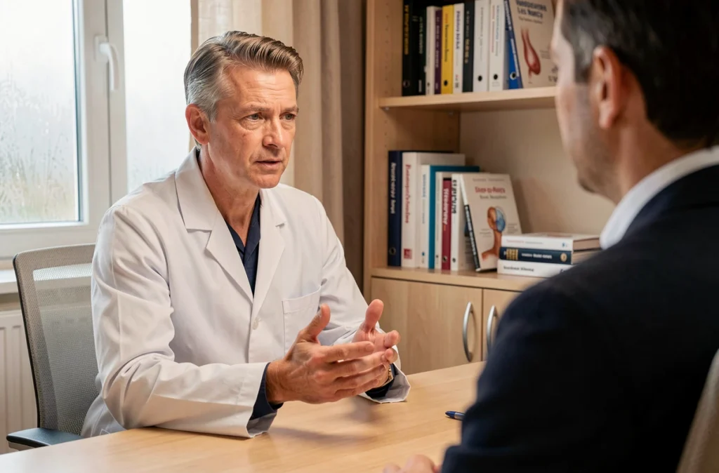 Le Dr Eric Dauer, chirurgien plasticien à Vandoeuvre-lès-Nancy, en consultation avec un patient dans son cabinet