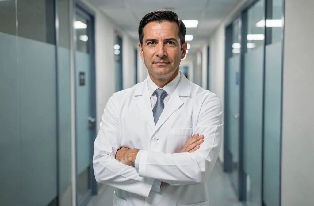 Le Dr Jean-François Villard, chirurgien plasticien à Nancy, posant dans le couloir de sa clinique moderne