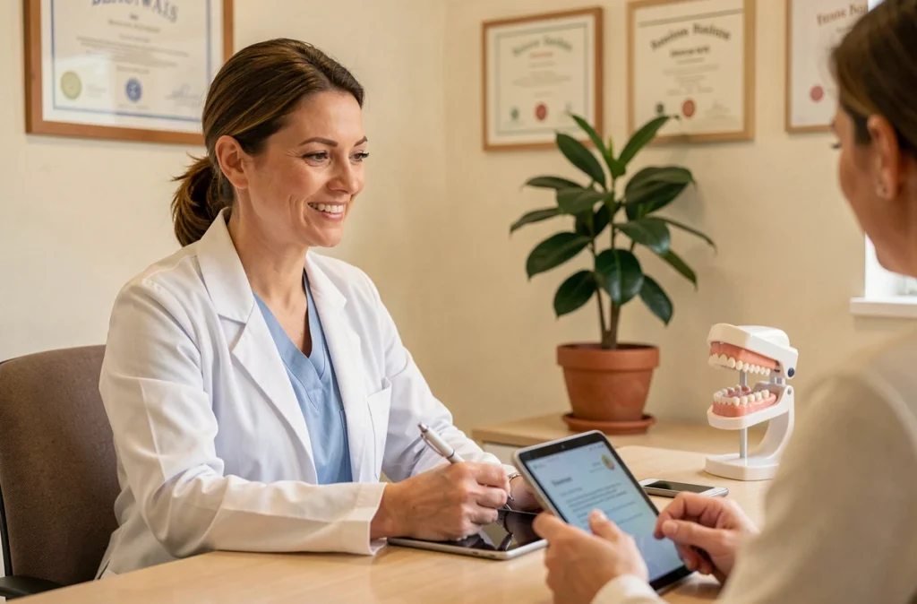 Dr Nathalie Lemaire en consultation avec un patient dans son cabinet dentaire de Beauvais