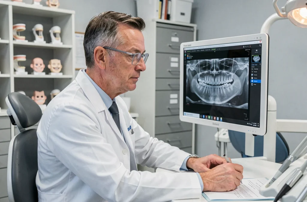 Dr Regayeg analysant une radiographie panoramique dans son cabinet dentaire de Creil