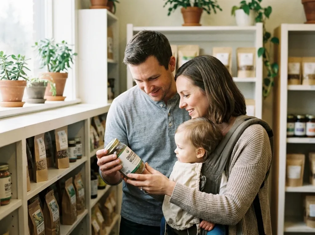 Jeune famille examinant des produits de santé bio dans un magasin diététique local et familial