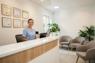 Accueil d'un cabinet dentaire moderne dans l'Oise avec une réceptionniste souriante