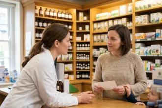 Pharmacienne indépendante conseillant une mère et son enfant dans une petite pharmacie de quartier chaleureuse