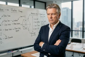 Homme d'affaires sceptique devant un tableau blanc rempli de notes lors d'une session de critique de méthode en salle de séminaire moderne
