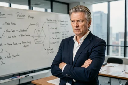 Homme d'affaires sceptique devant un tableau blanc rempli de notes lors d'une session de critique de méthode en salle de séminaire moderne