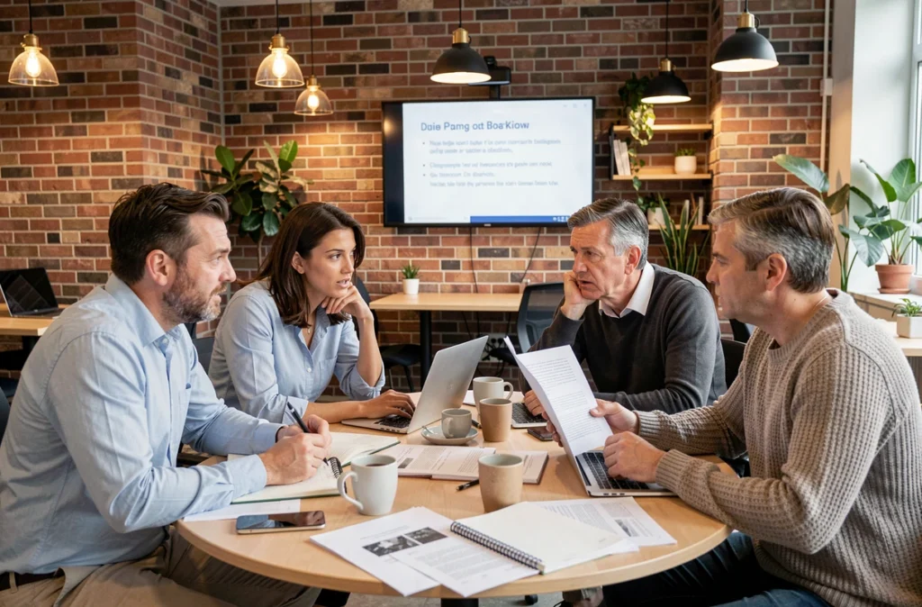 Groupe de professionnels en discussion animée autour d'une table dans un espace de coworking, débattant d'une méthode controversée