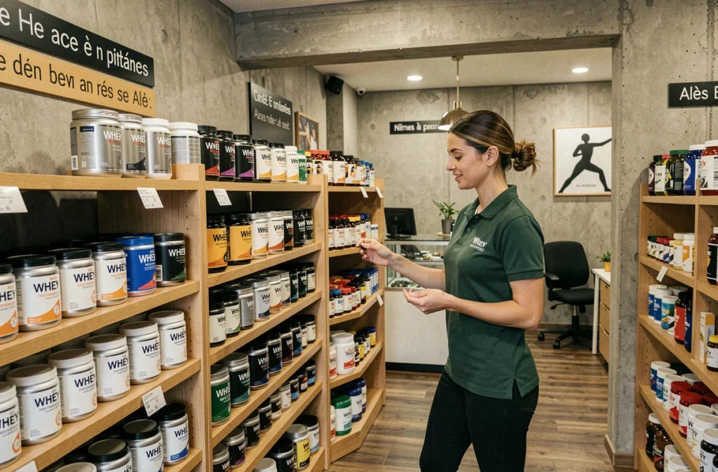 Intérieur d'une boutique de nutrition sportive dans le Gard avec une vendeuse arrangeant les produits